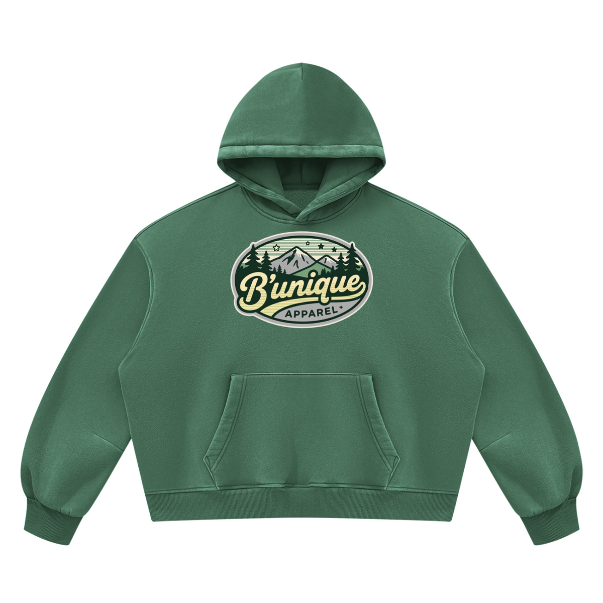 Green ODMPOD Unisex UNIQUE MOUTAIN Vintage Wash Boxy Fleece Hoodie featuring a front kangaroo pocket and a circular chest graphic of mountains, pine trees, and the text Bunique APPAREL.
