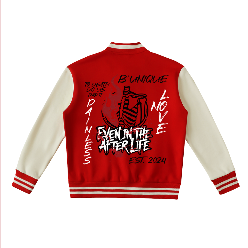 ODMPOD Unisex TIL DEATH Fleeced Varsity Jacket in red and cream, featuring a skeleton illustration on the back with the text: To death do us part!, BUnique, Love, Painless, Even in the afterlife, and Est. 2024.