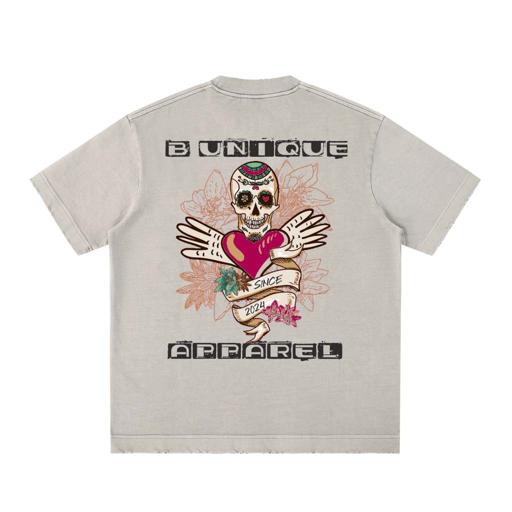 Unisex Heavyweight Vintage Washed Frayed UniQue Skull T-Shirt