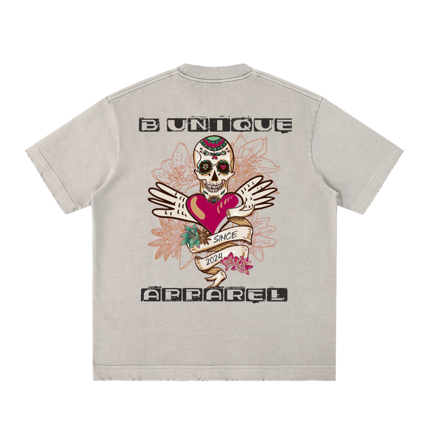 Unisex Heavyweight Vintage Washed Frayed UniQue Skull T-Shirt