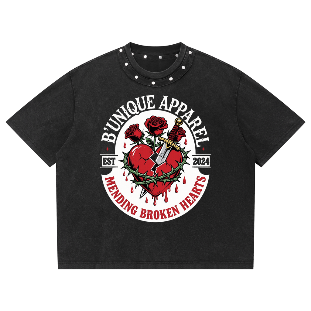 Unisex B'UNIQUE MENDING HEARTS Washed Boxy Studded T-Shirt