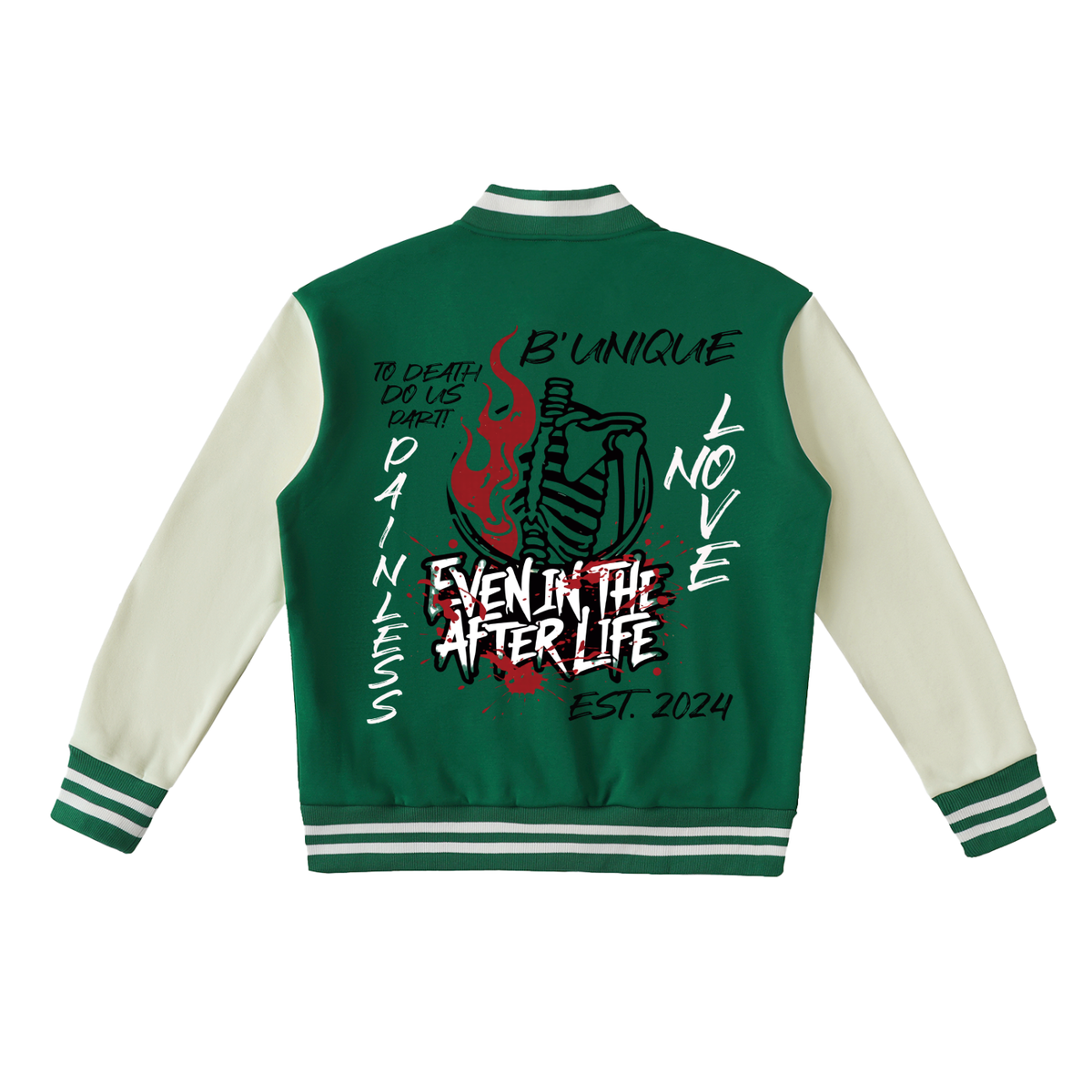 Green and cream ODMPOD Unisex TIL DEATH Fleeced Varsity Jacket featuring a back graphic of a ribcage, flames, and the text EVEN IN THE AFTER LIFE surrounded by additional phrases.