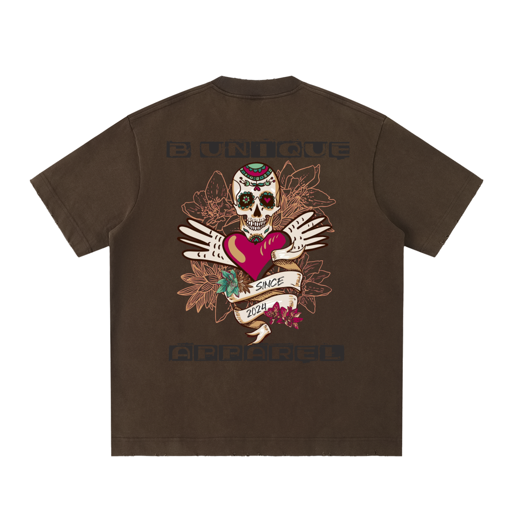 Unisex Heavyweight Vintage Washed Frayed UniQue Skull T-Shirt