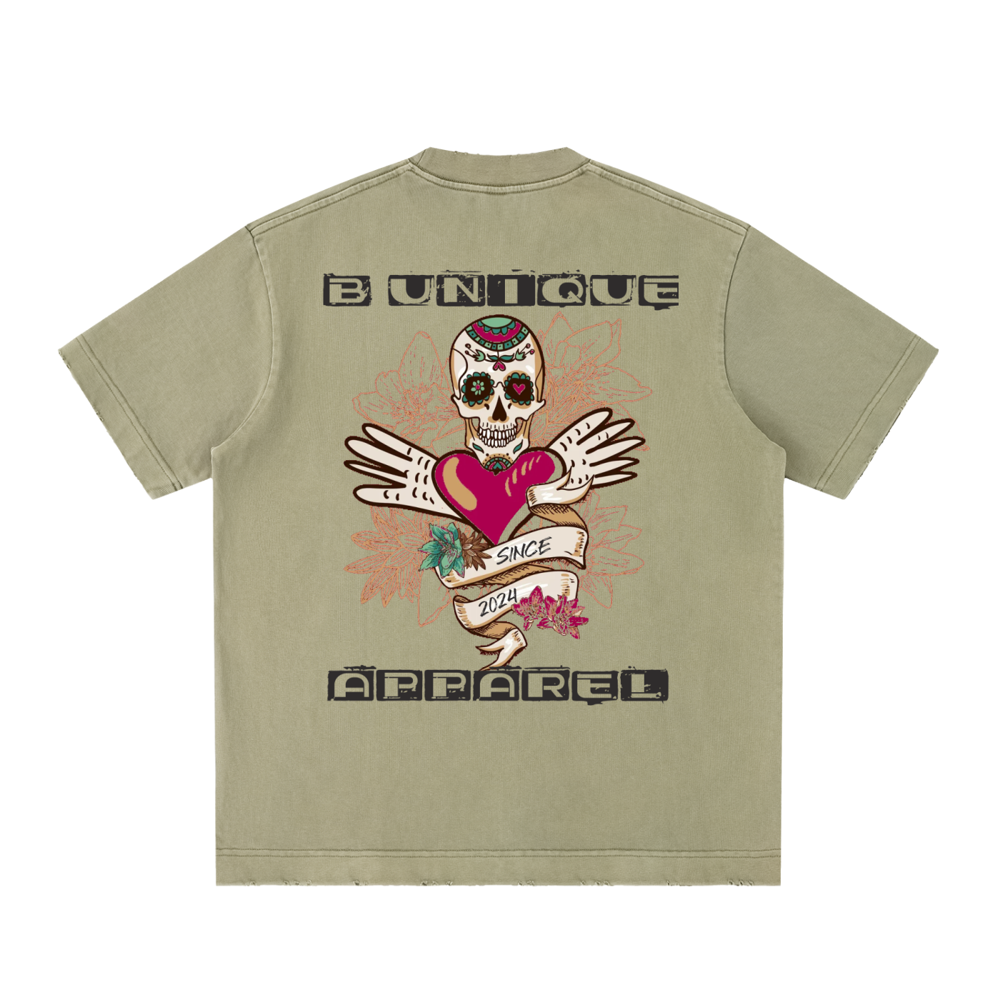Unisex Heavyweight Vintage Washed Frayed UniQue Skull T-Shirt
