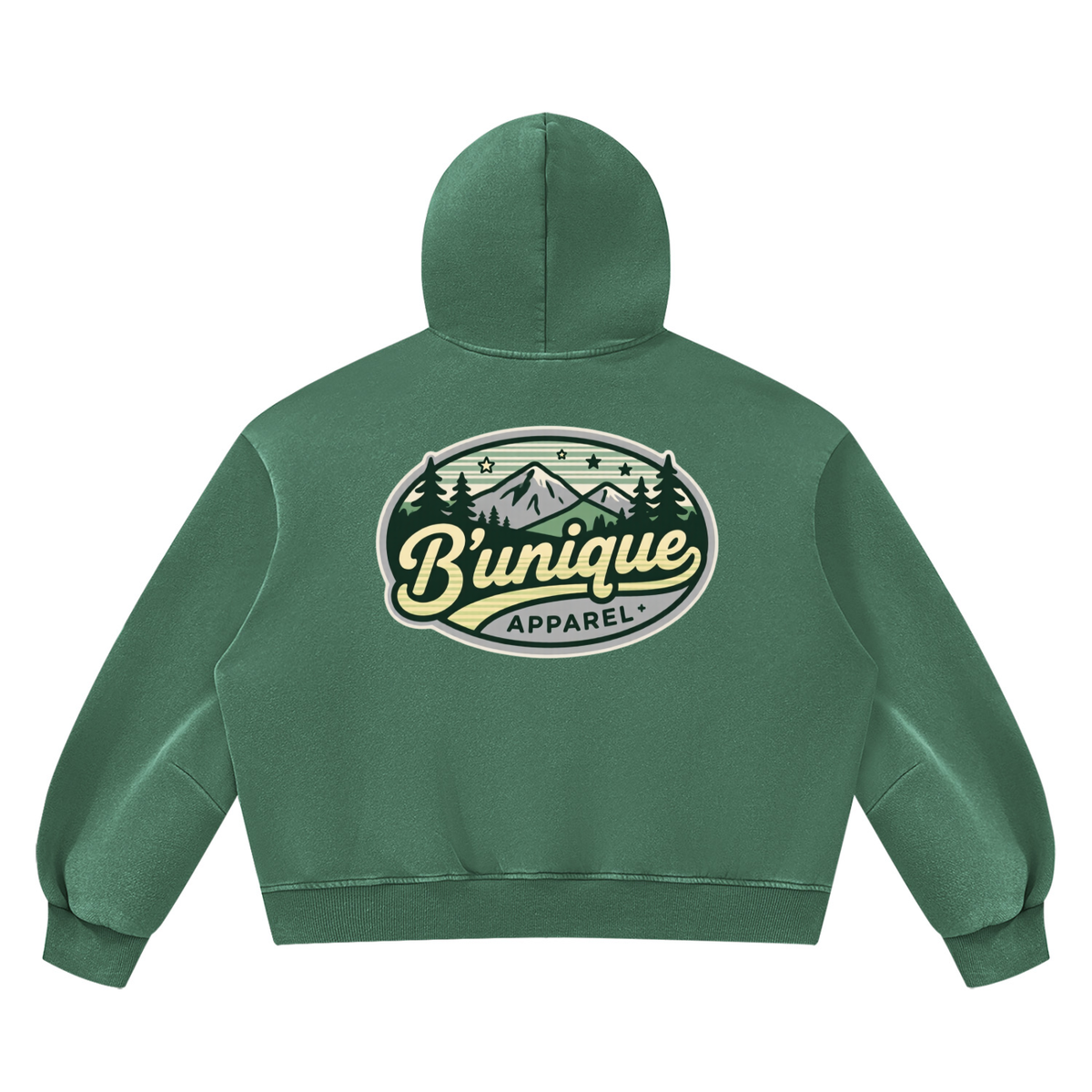 Green Unisex UNIQUE MOUTAIN Vintage Wash Boxy Fleece Hoodie featuring a back graphic of mountains, trees, and the text Bunique APPAREL.