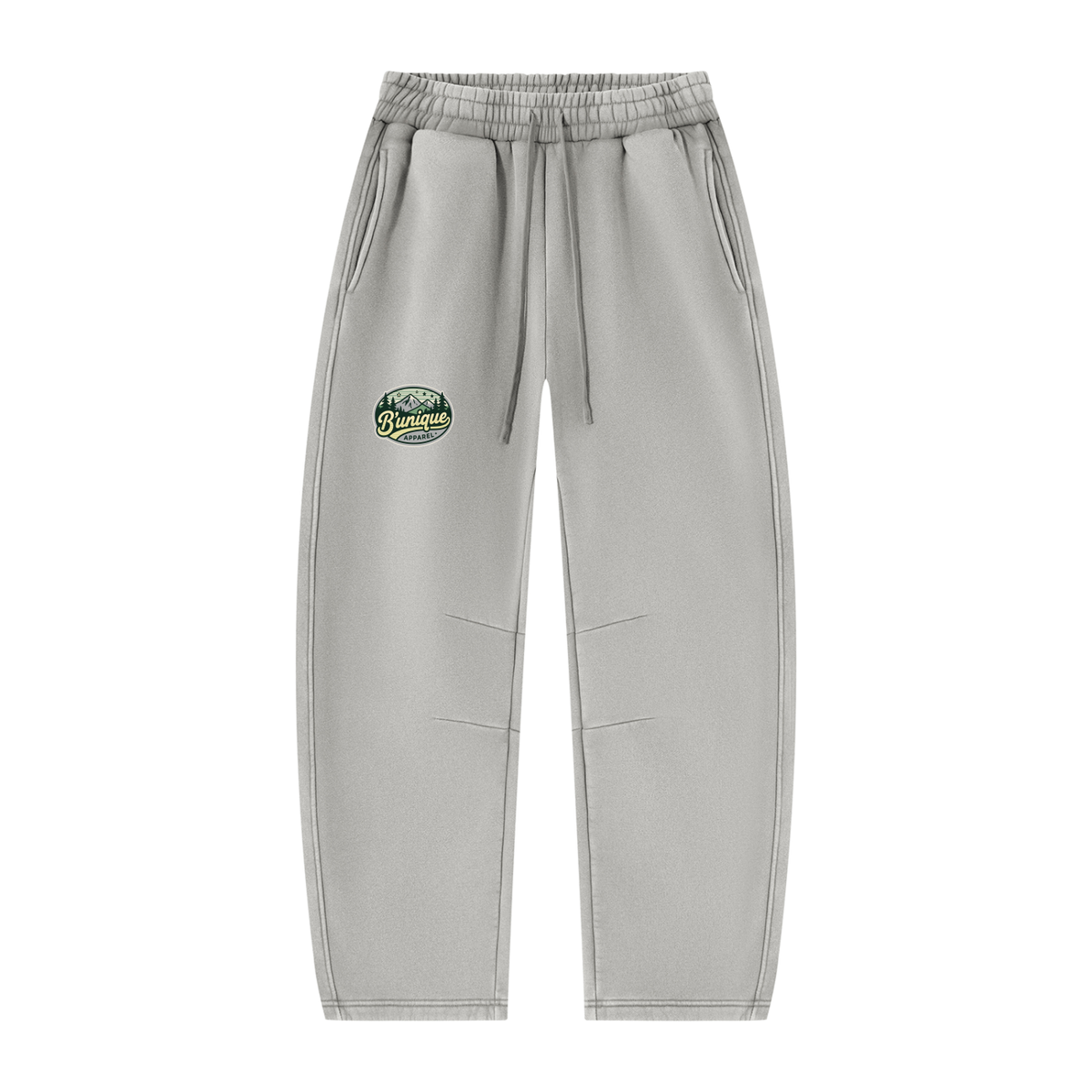 Gray ODMPOD Unisex UNIQUE MOUNTAIN Vintage Wash Sweatpants featuring an elastic waistband, side pockets, and a mountain-themed logo on the right thigh.