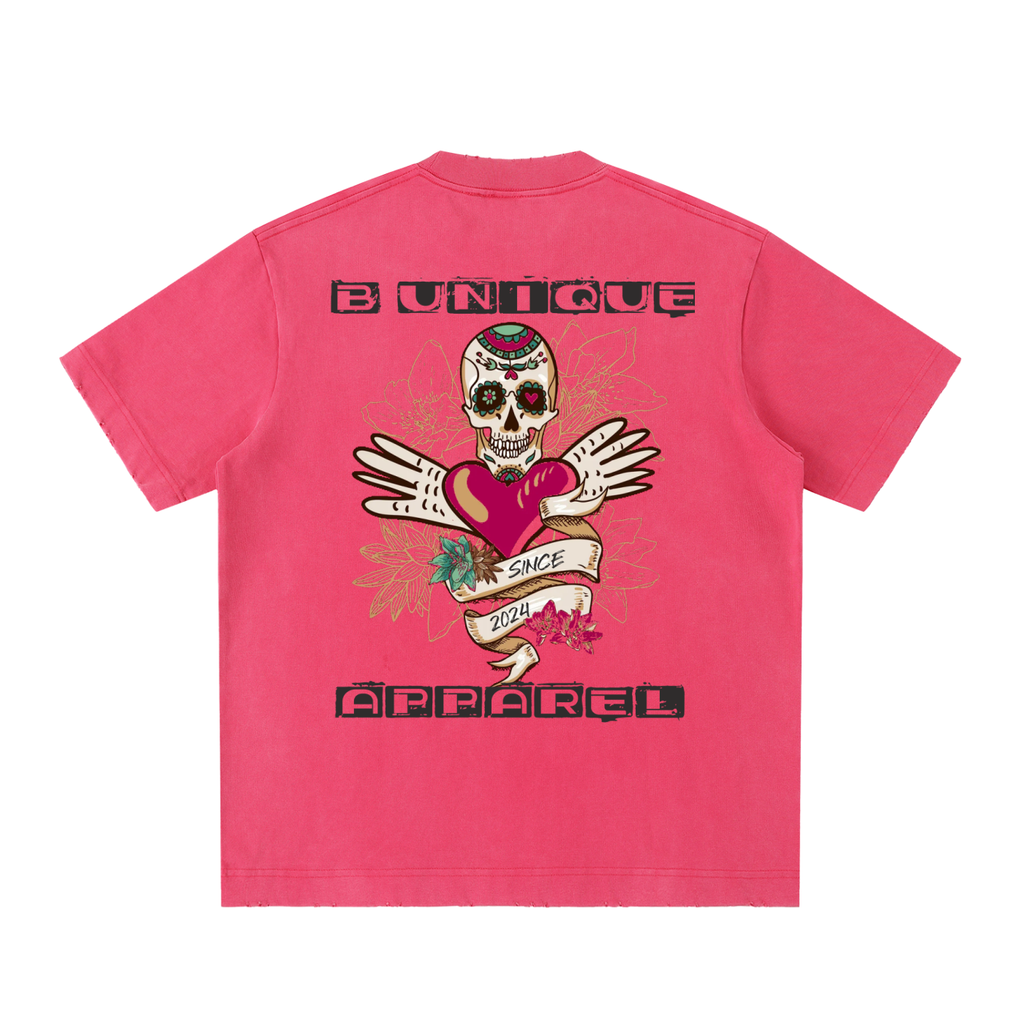 Unisex Heavyweight Vintage Washed Frayed UniQue Skull T-Shirt