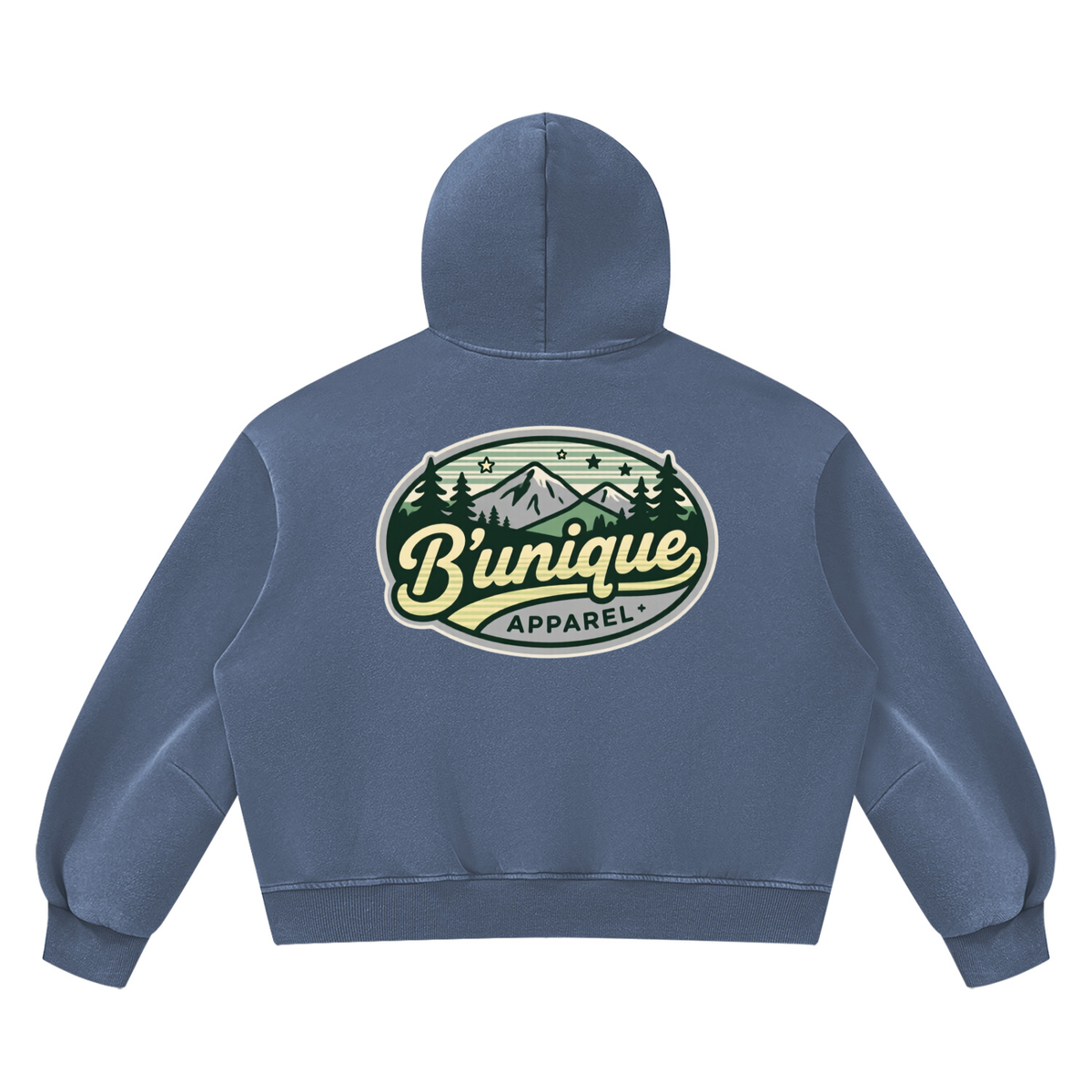 Blue boxy fleece Unisex UNIQUE MOUTAIN Vintage Wash Boxy Fleece Hoodie featuring an oval graphic on the back with mountain, pine tree, and star illustrations above the text Bunique APPAREL.