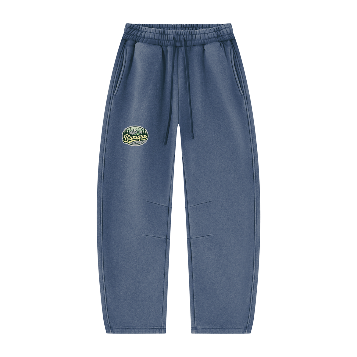 Blue Unisex UNIQUE MOUNTAIN Vintage Wash Sweatpants featuring an elastic waistband, drawstring, and a circular Bunique mountain logo on the upper left thigh.