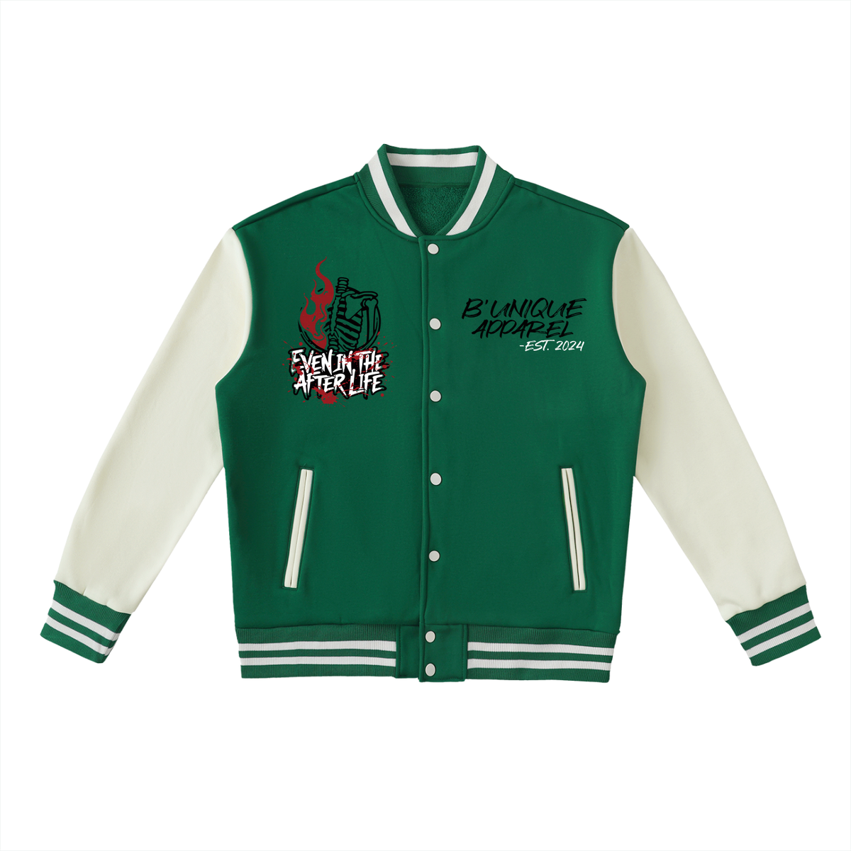 ODMPOD Unisex TIL DEATH Fleeced Varsity Jacket in green and white, featuring a BUNIQUE APPAREL -EST. 2024 print on the chest and a skeletal graphic with the text EVEN IN THE AFTER LIFE on the opposite side.