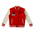 Unisex TIL DEATH Fleeced Varsity Jacket in red and white, featuring a ribcage graphic and Even in the after life on the chest, with BUnique Apparel - Est 2024 on the opposite side.