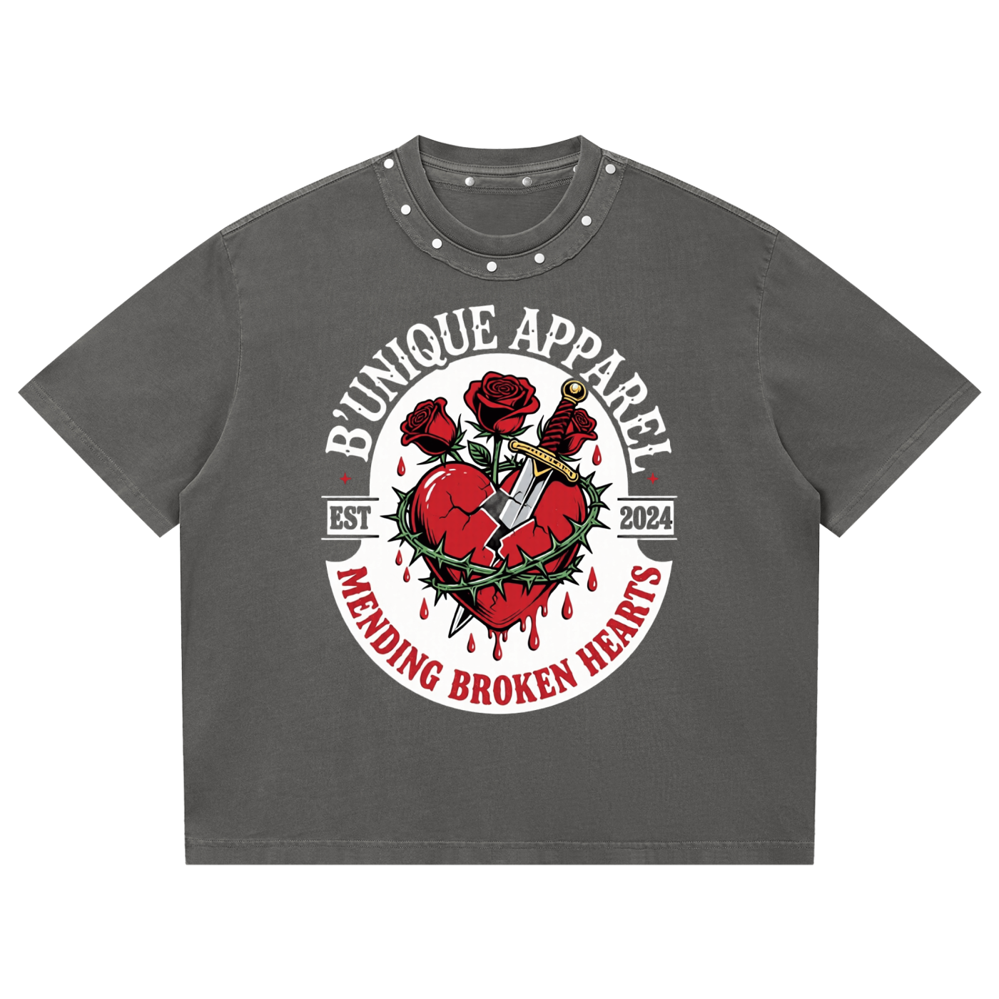 Unisex B'UNIQUE MENDING HEARTS Washed Boxy Studded T-Shirt