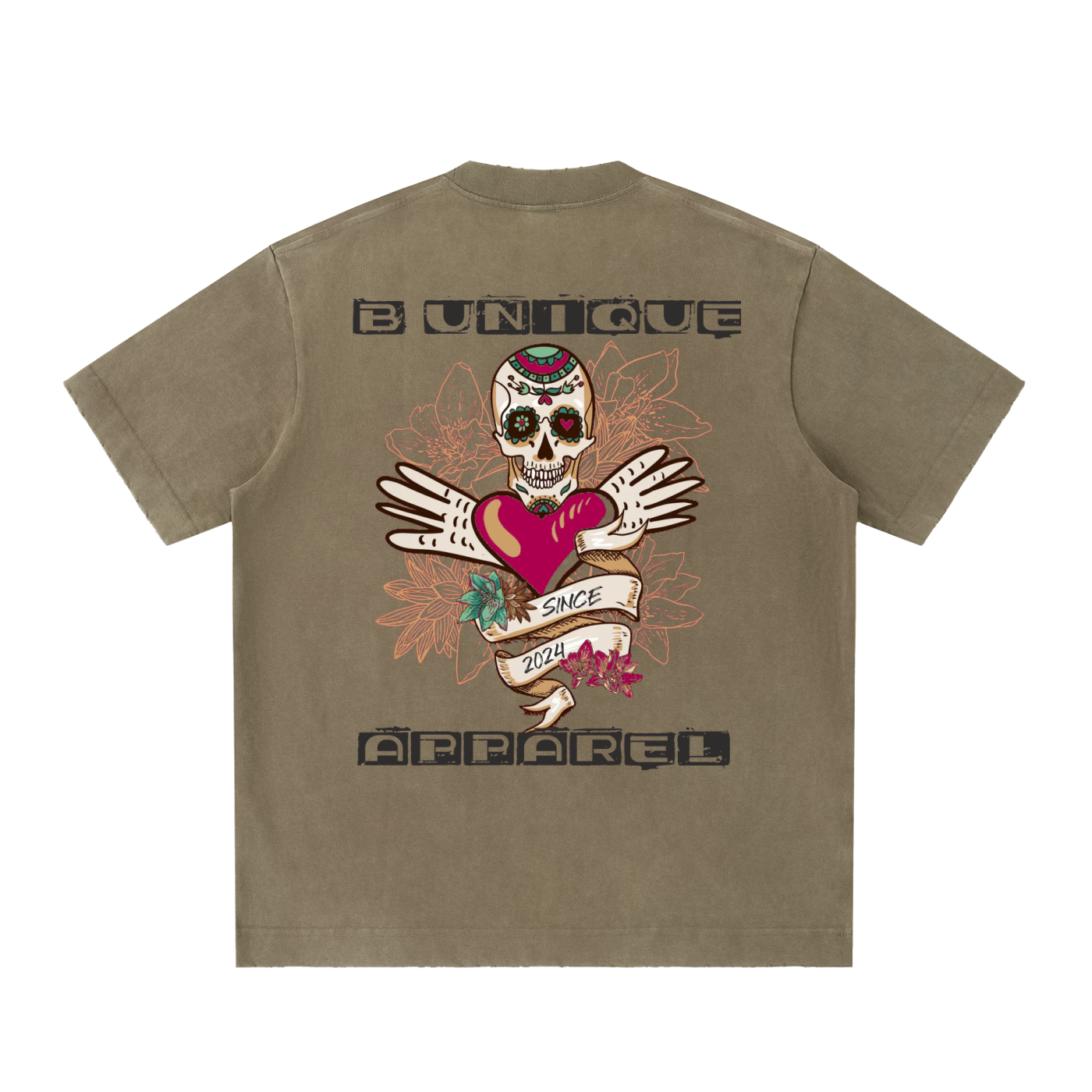 Unisex Heavyweight Vintage Washed Frayed UniQue Skull T-Shirt