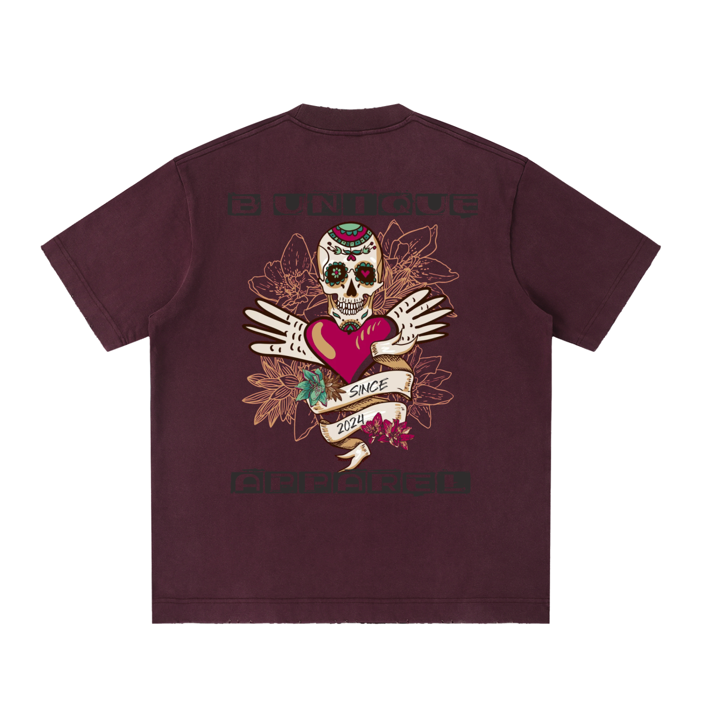 Unisex Heavyweight Vintage Washed Frayed UniQue Skull T-Shirt