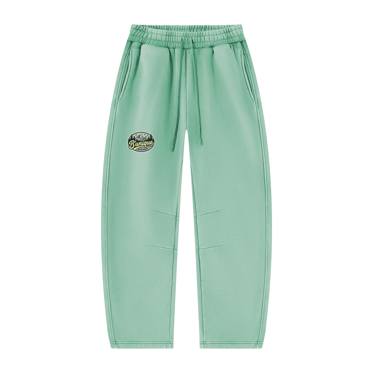 Light green Unisex UNIQUE MOUNTAIN Vintage Wash Sweatpants featuring an elastic waistband, drawstring, and a mountain graphic on the right hip.
