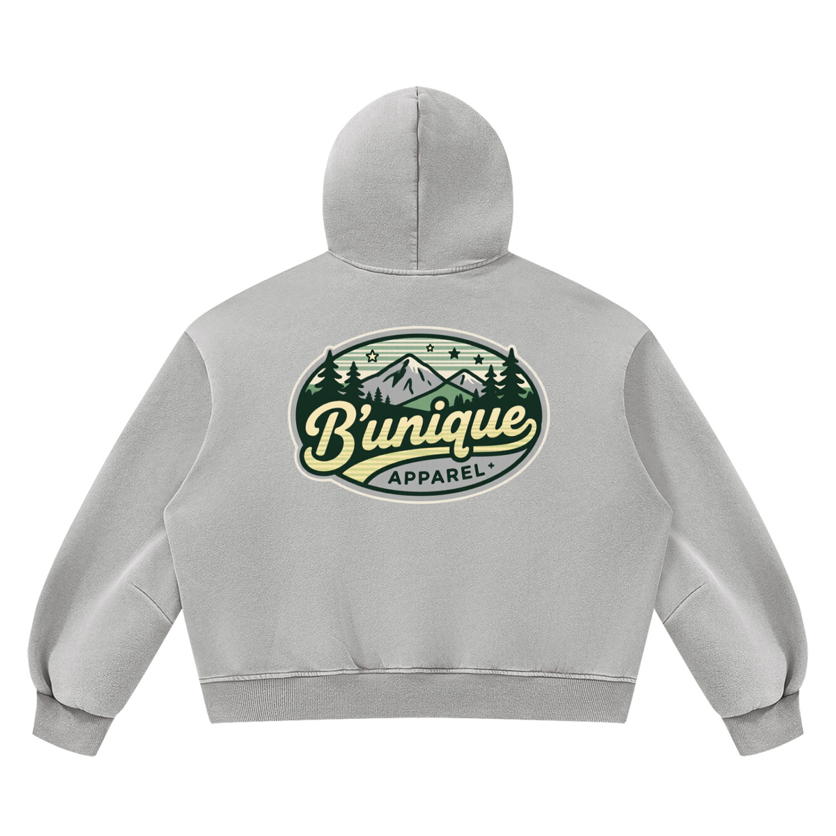 Light gray ODMPOD Unisex UNIQUE MOUTAIN Vintage Wash Boxy Fleece Hoodie featuring a back graphic of a mountain landscape inside an oval frame with the text Bunique Apparel.