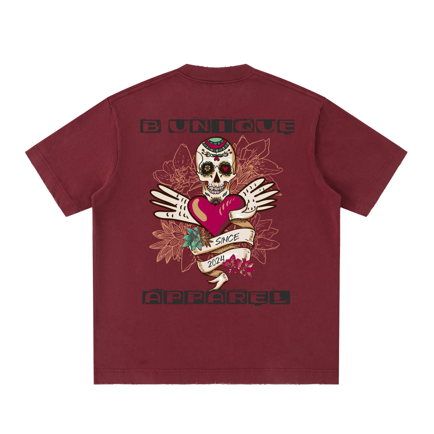 Unisex Heavyweight Vintage Washed Frayed UniQue Skull T-Shirt