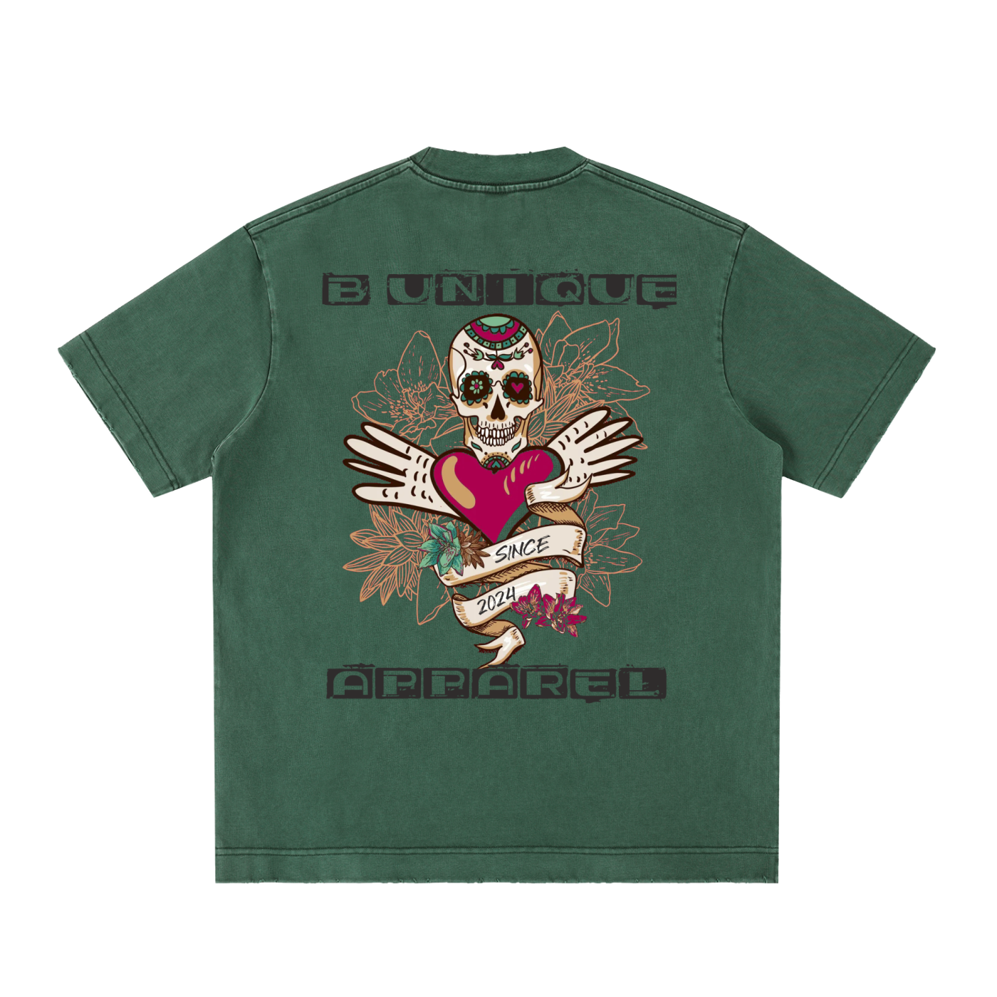 Unisex Heavyweight Vintage Washed Frayed UniQue Skull T-Shirt