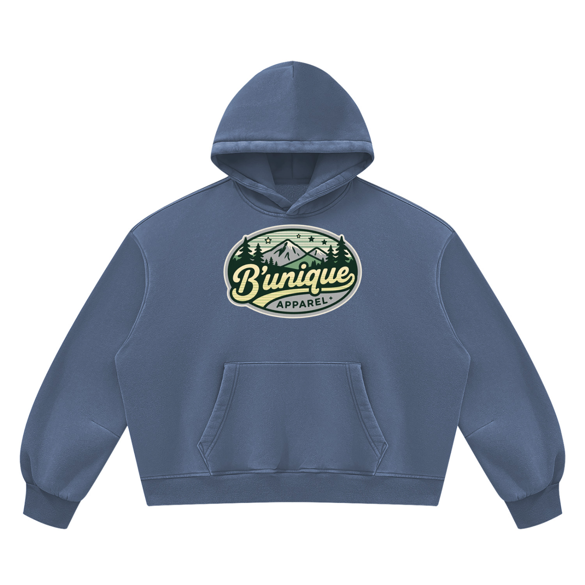 Blue ODMPOD Unisex UNIQUE MOUTAIN Vintage Wash Boxy Fleece Hoodie with a front kangaroo pocket and a mountain-themed graphic featuring the text Bunique APPAREL.